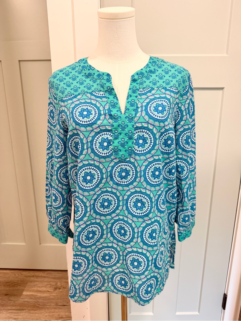 Block Print Mandala Top Tunic India Tie Sleeve Small